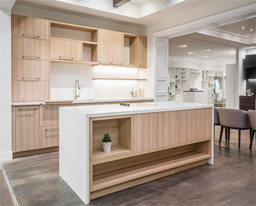 Modern kitchen cabinet with island with handles and LED lights