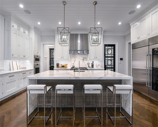 Shaker style White Classic Kitchen With Marble Waterfall Island