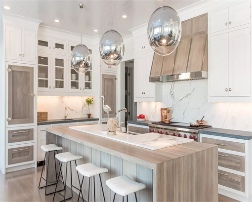 Driftwood Countertops And Walnut Waterfall Island Kitchen Design