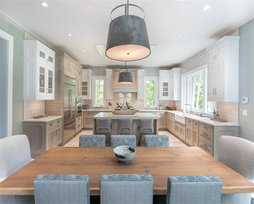 Shaker style walnut and white hand painted kitchen cabinets