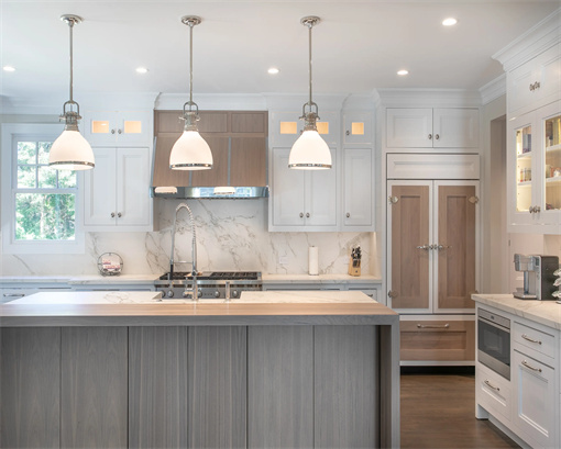 White hand painted stained walnut shaker kitchen cabinet with custom range hood